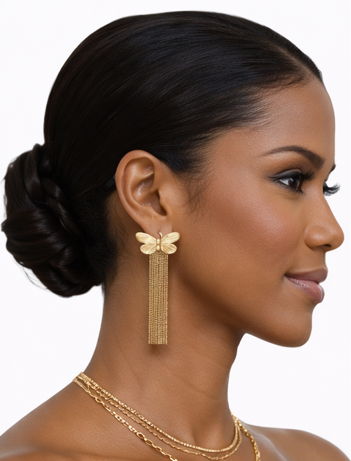 Golden tassel butterfly statement earrings