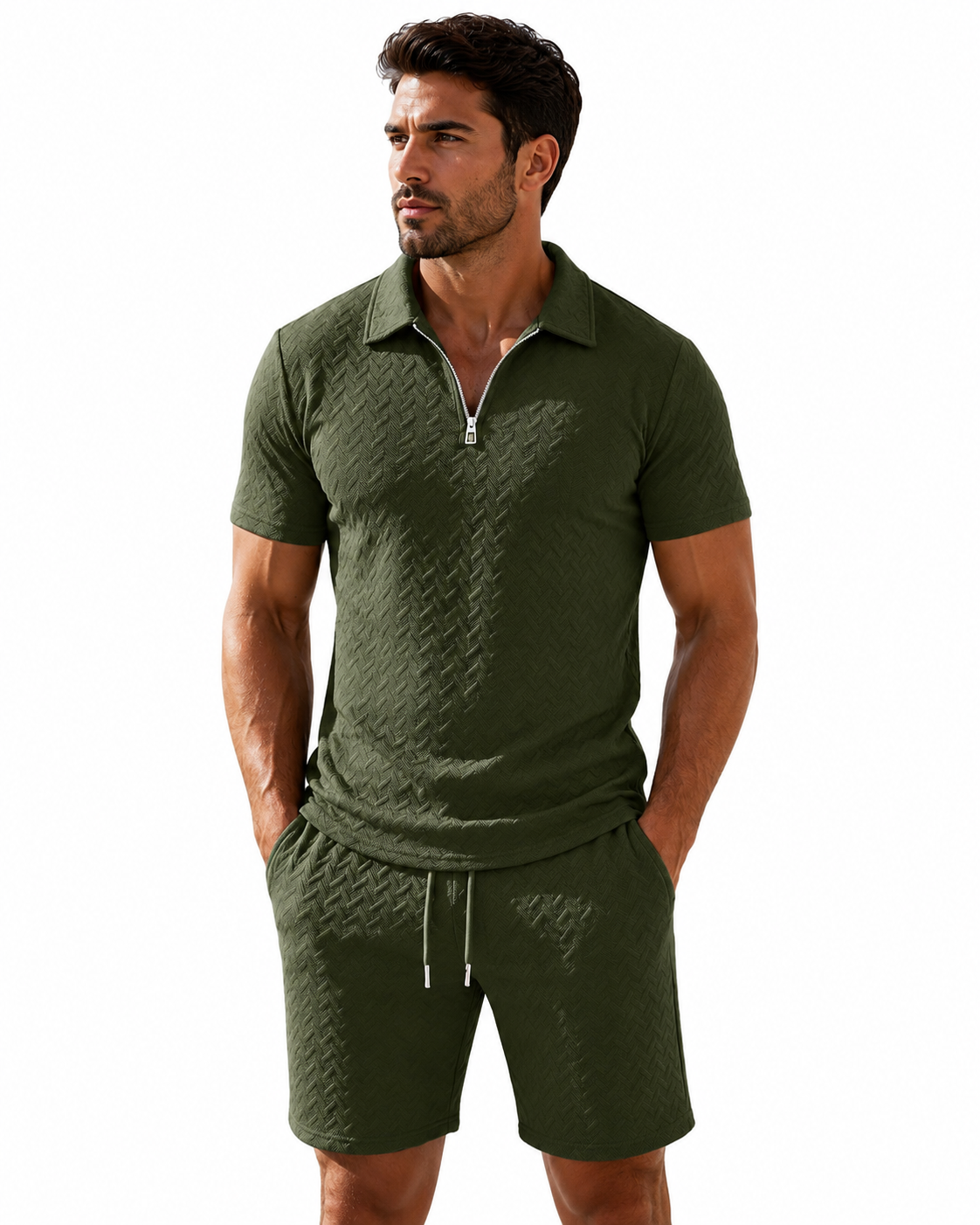 Textured Quarter-Zip Polo Short Set