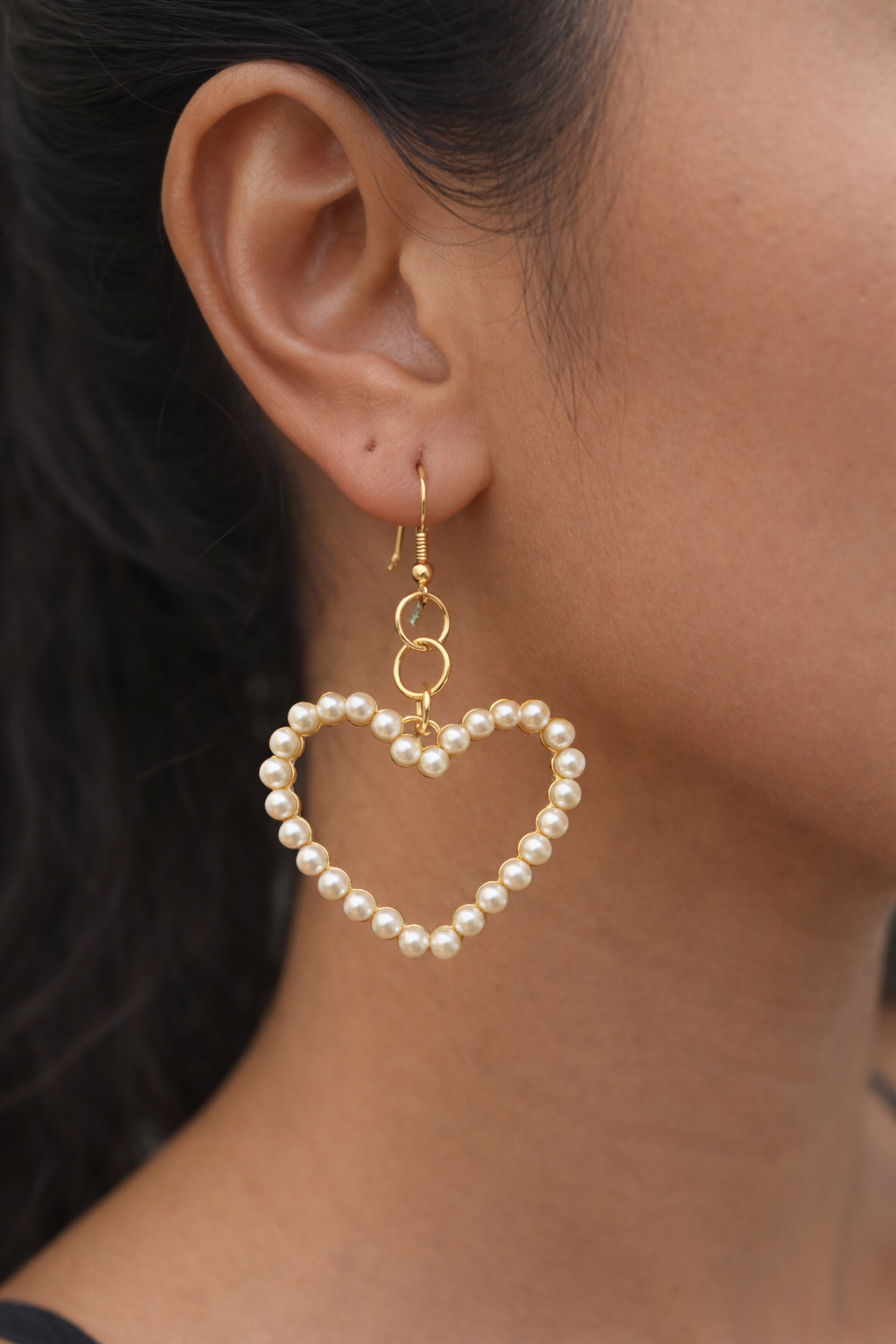 Golden pearl heart drop earrings