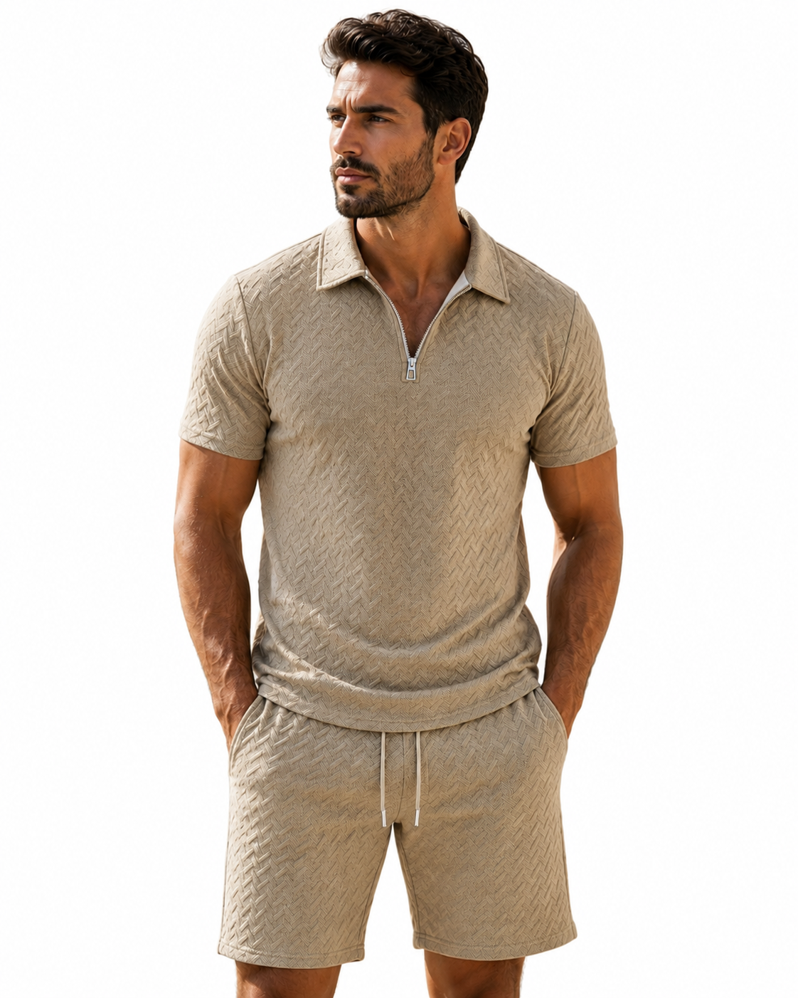 Textured Quarter-Zip Polo Short Set