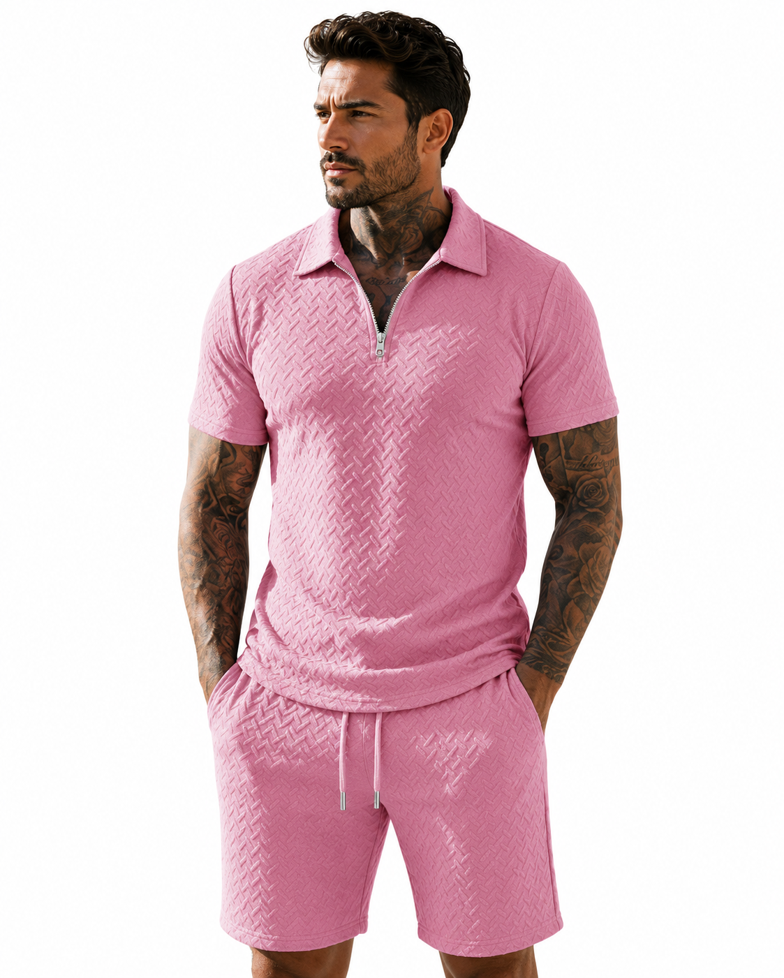 Textured Quarter-Zip Polo Short Set