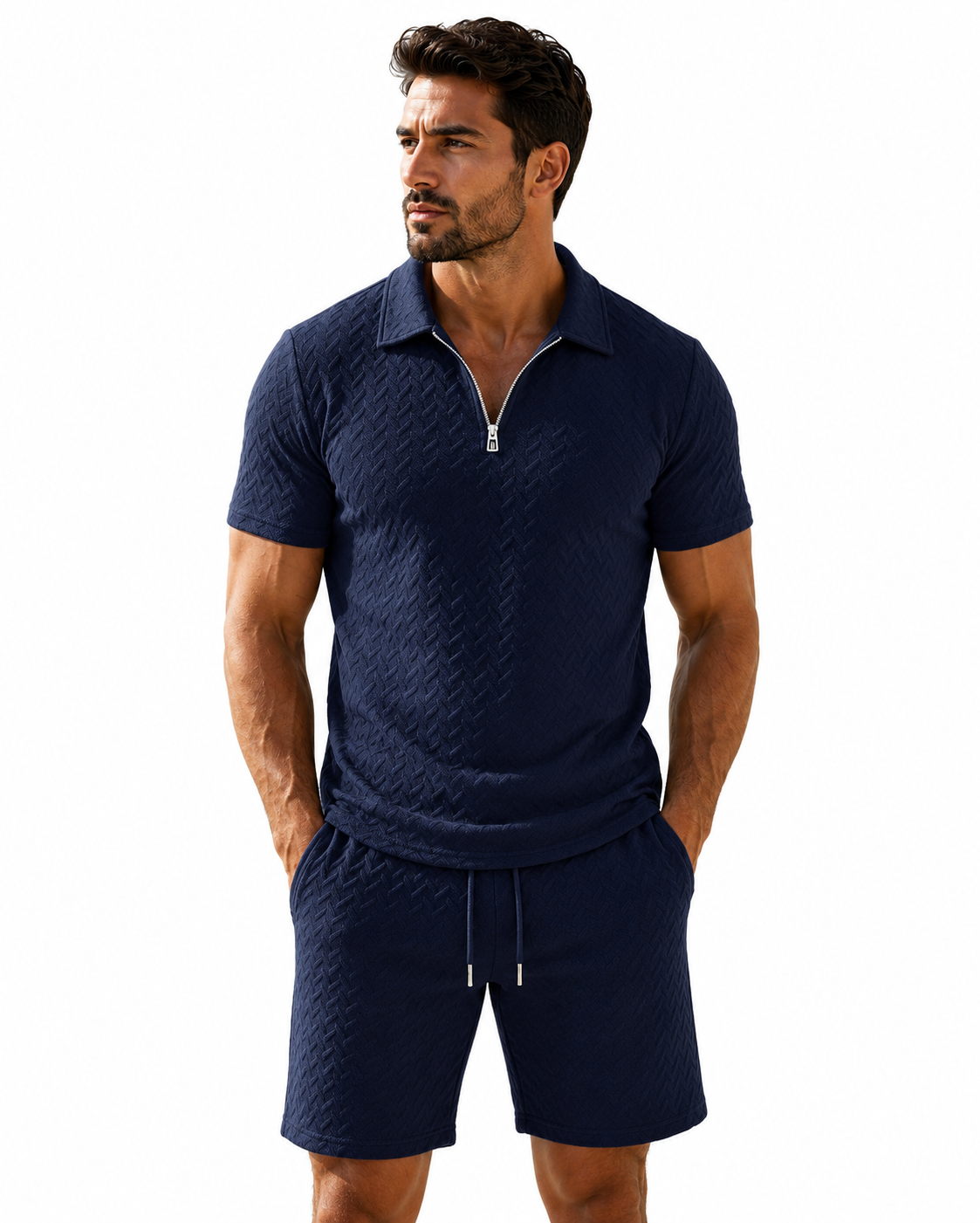 Textured Quarter-Zip Polo Short Set